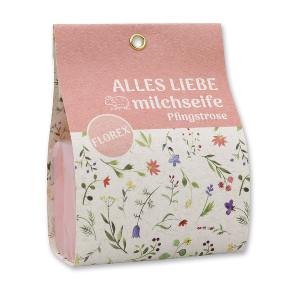 Schafmilchseife eckig 100g in Tasche "Alles Liebe", Pfingstrose 