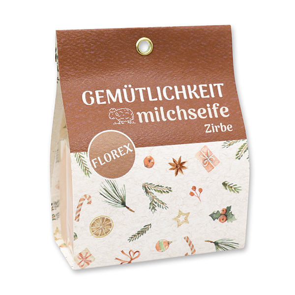 Schafmilchseife eckig 100g in Tasche "Gemütlichkeit", Zirbe 