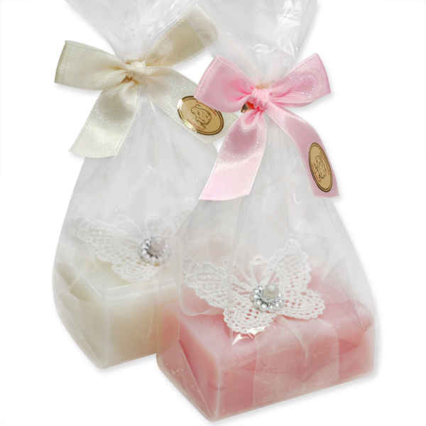 Sheep milk soap 100g, decorated with a crochet butterfly in a cellophane, Classic/peony 