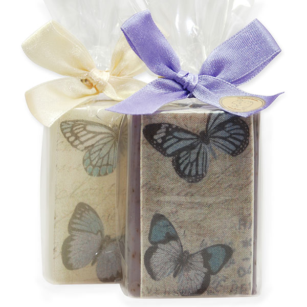 Schafmilchseife eckig 100g, dekoriert mit Dekoband Schmetterling in Cello, Classic/Lavendel 