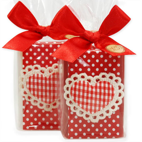 Sheep milk soap 100g, decorated with a checkered heart in a cellophane, Classic/rose 