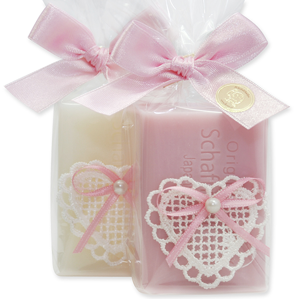 Sheep milk soap 100g, decorated with a heart in a cellophane, Classic/cherry blossom 