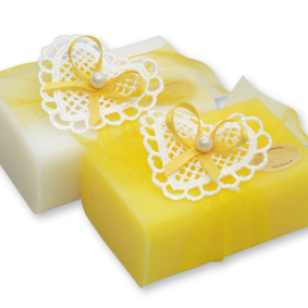 Sheep milk soap 100g, decorated with a crocheted heart, Classic/frangipani 