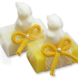 Sheep milk soap 100g, decorated with a soap rabbit 23g, Classic/frangipani 