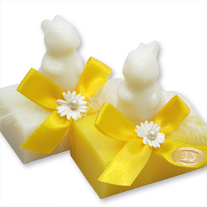 Sheep milk soap 100g, decorated with a soap rabbit 23g, Classic/frangipani 