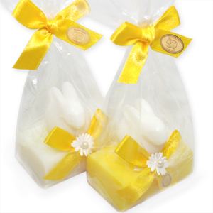 Sheep milk soap 100g, decorated with a soap rabbit 40g in a cellophane, Classic/frangipani 