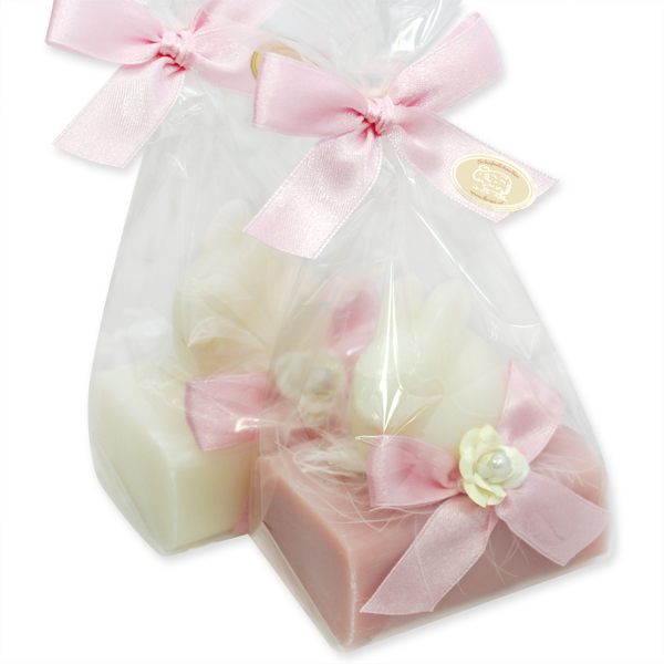 Schafmilchseife eckig 100g dekoriert mit Seife Hase 40g in Cello, Classic/Japanische Kirsche 