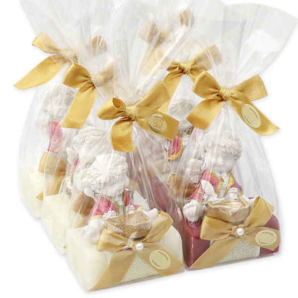 Schafmilchseife eckig 100g dekoriert mit Engel-Igor in Cello, Classic/Waldbeere 