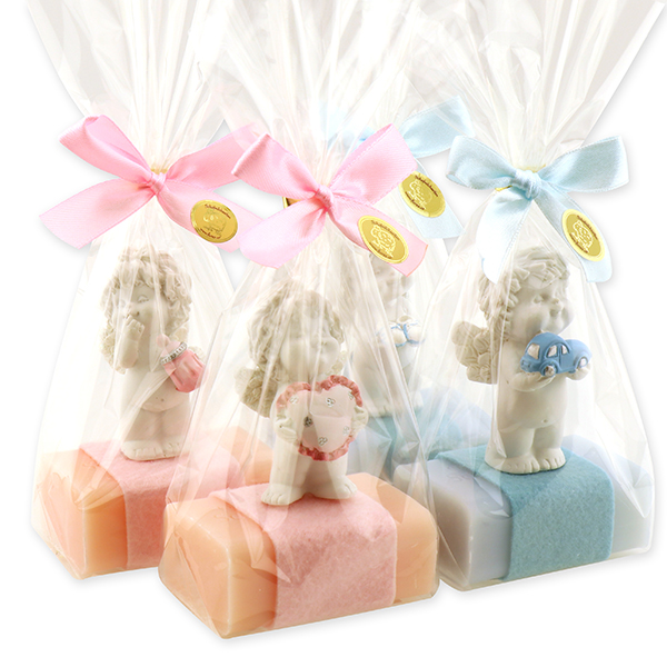 Sheep milk soap 100g decorated with an angel-Igor in a cellophane, Peony/forget-me-not 