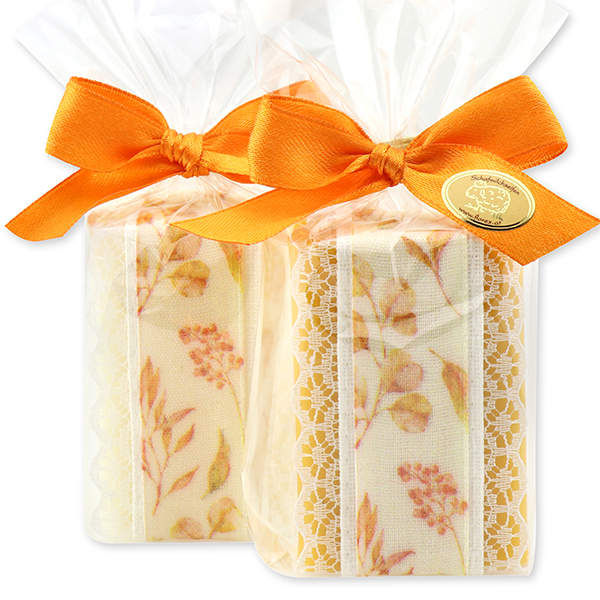 Sheep milk soap 100g, decorated with a crocheted ribbon in a cellophane, Classic/marigold 