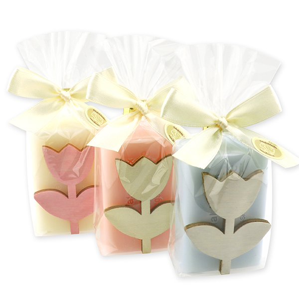 Sheep milk soap 100g, decorated with a wooden tulip in a cellophane, sorted 