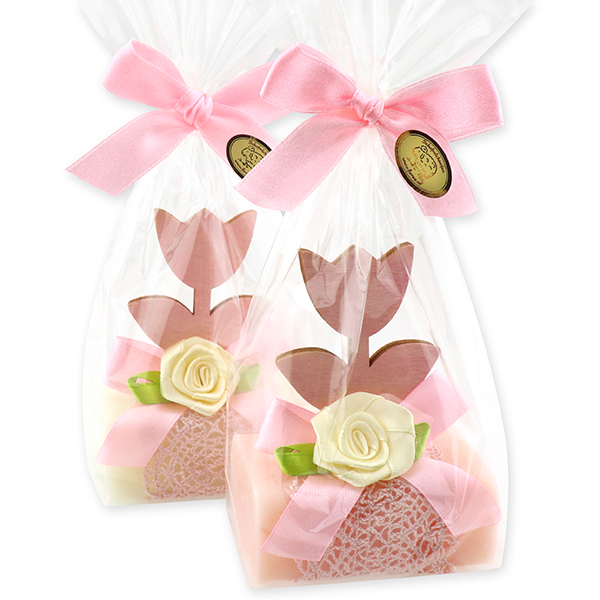 Sheep milk soap 100g, decorated with a tulip in a cellophane, Classic/peony 