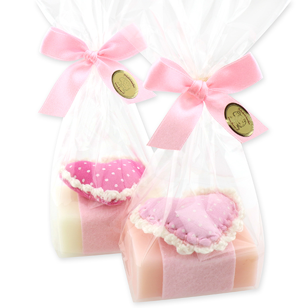 Sheep milk soap 100g, decorated with a heart in a cellophane, Classic/peony 