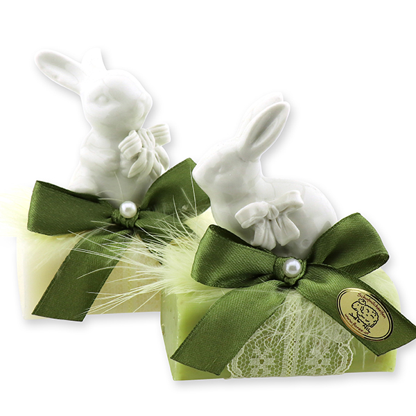 Schafmilchseife eckig 100g dekoriert mit Hase, Classic/Eisenkraut 
