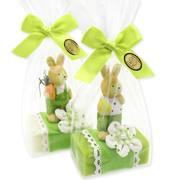 Schafmilchseife eckig 100g dekoriert mit Hase in Cello, Classic/Birne 