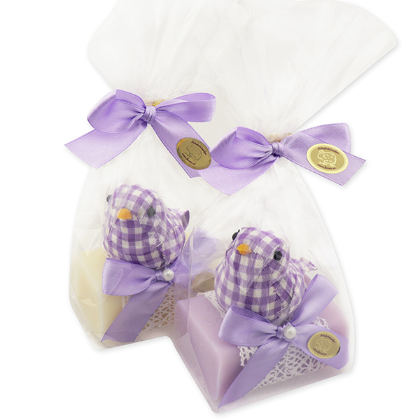 Sheep milk soap 100g decorated with a bird in a cellophane, Classic/lilac 