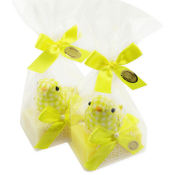 Schafmilchseife eckig 100g dekoriert mit Stoffvogel in Cello, Classic/Kamille 