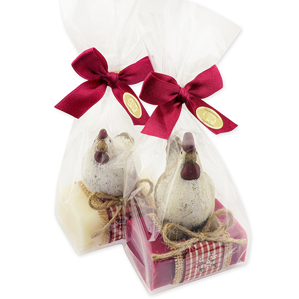 Sheep milk soap 100g decorated with a chicken/rooster in a cellophane, classic/mallow 