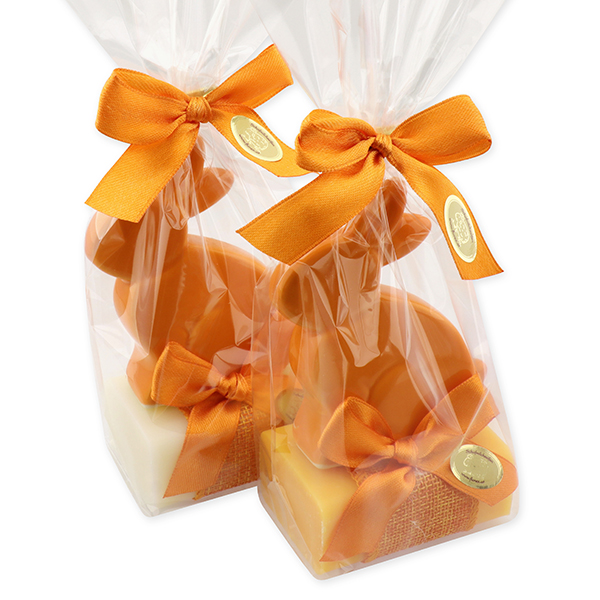 Schafmilchseife eckig 100g dekoriert mit Hase in Cello, Classic/Orange 