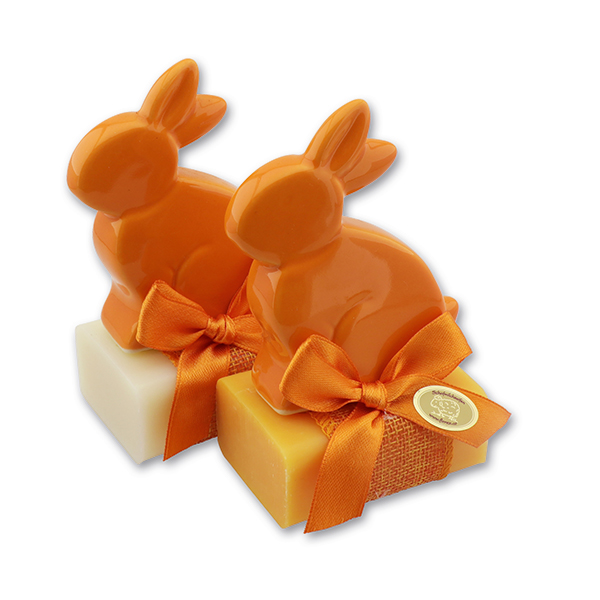 Schafmilchseife eckig 100g dekoriert mit Hase in Cello, Classic/Orange 