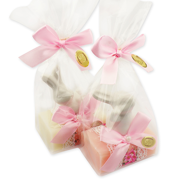 Sheep milk soap 100g, decorated with a rabbit in a cellophane, classic/peony 