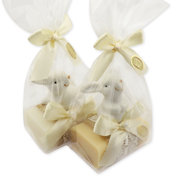 Schafmilchseife eckig 100g dekoriert mit Hase in Cello, Classic/Sheabutter 