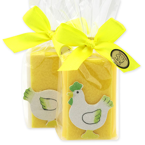Sheep milk soap 100g decorated with a chicken/rooster in a cellophane, Classic/Grapefruit 