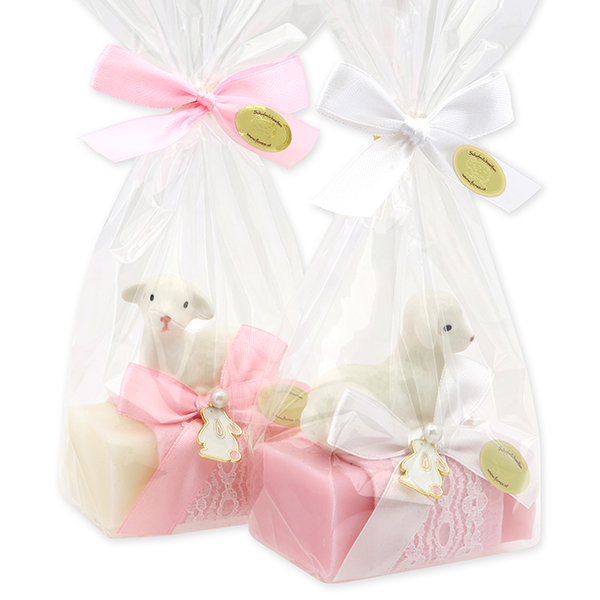 Schafmilchseife eckig 100g dekoriert mit Lamm in Cello, Classic/Japanische Kirsche 