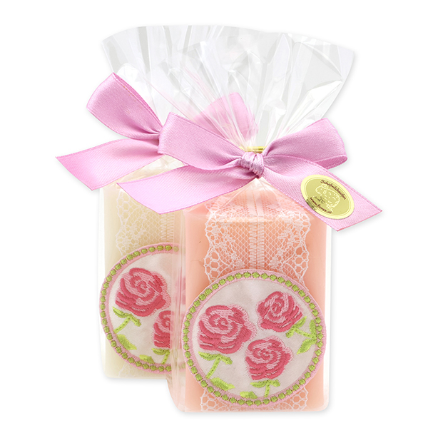 Schafmilchseife eckig 100g dekoriert mit Blume in Cello, Classic/Pfingstrose 