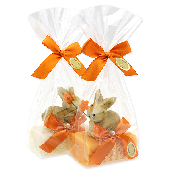 Schafmilchseife eckig 100g dekoriert mit Hase in Cello, Classic/Orange 