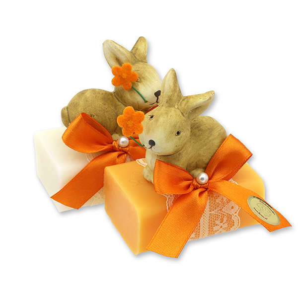Schafmilchseife eckig 100g dekoriert mit Hase, Classic/Orange 