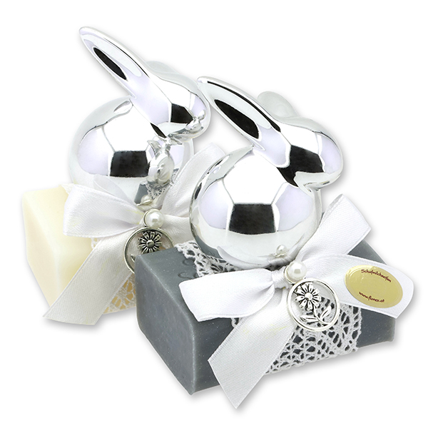 Sheep milk soap 100g decorated with a rabbit in a cellophane, Classic/Edelweiss silver 