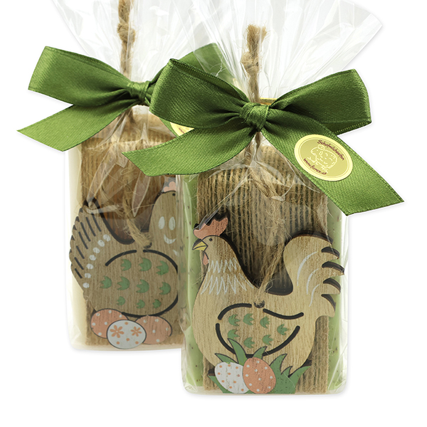 Sheep milk soap 100g decorated with a hen/rooster in a cellophane, Classic/Verbena 