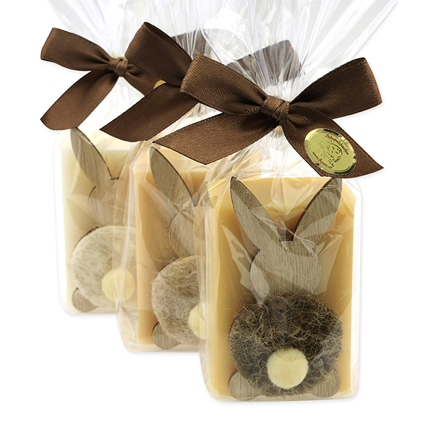 Sheep milk soap 100g decorated with a rabbit in a cellophane, Classic/Swiss pine/Sheabutter 