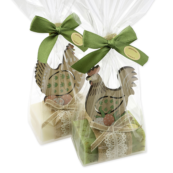 Sheep milk soap 100g decorated with a hen/rooster in a cellophane, Classic/Verbena 