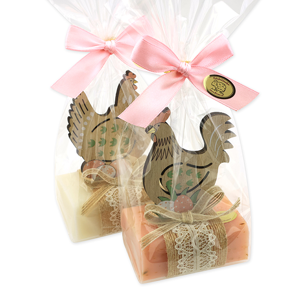 Sheep milk soap 100g decorated with a hen/rooster in a cellophane, Classic/Wild rose with petals 