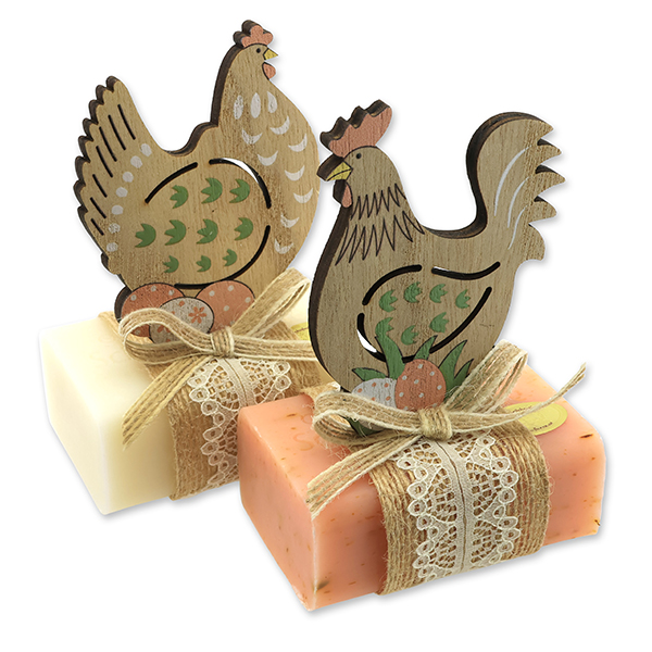 Sheep milk soap 100g decorated with a hen/rooster, Classic/Wild rose with petals 