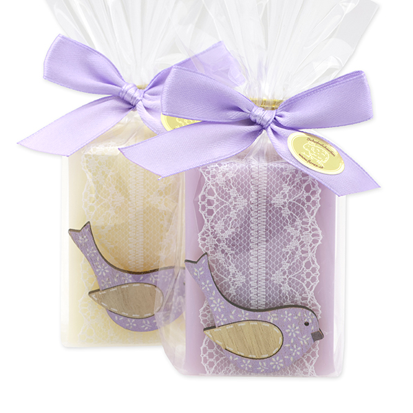 Sheep milk soap 100g decorated with a bird in a cellophane, Classic/Lilac 