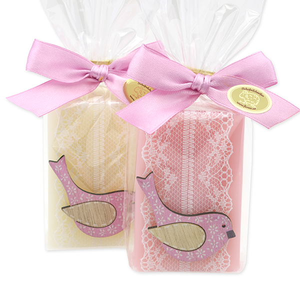 Sheep milk soap 100g decorated with a bird in a cellophane, Classic/Cherry blossom 