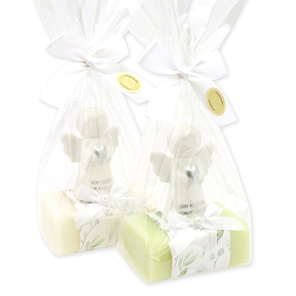 Sheep milk soap square 100g decorated with guardian angel with heart in a cellophane bag, Classic/Meadow flower 