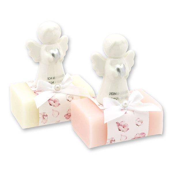 Sheep milk soap square 100g decorated with guardian angel with heart, Classic/Jasmine 