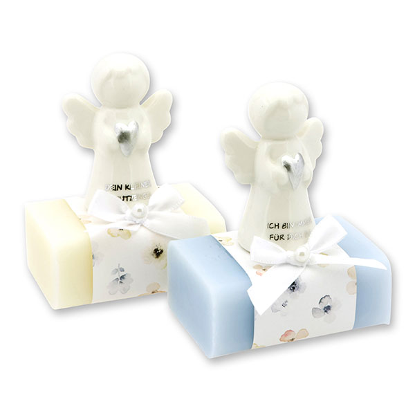 Sheep milk soap square 100g decorated with guardian angel with heart, Classic/Forget-me-not 