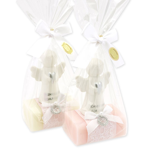 Sheep milk soap square 100g decorated with guardian angel with heart in a cellophane bag, Classic/Jasmine 