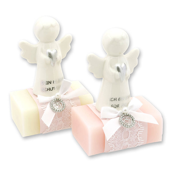 Sheep milk soap square 100g decorated with guardian angel with heart, Classic/Jasmine 