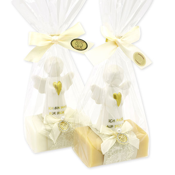 Sheep milk soap square 100g decorated with guardian angel with heart in a cellophane bag, Classic/Swiss pine 
