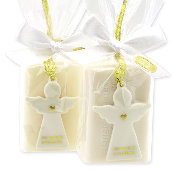 Sheep milk soap square 100g decorated with guardian angel with heart in a cellophane bag, Classic/Christmas rose white 