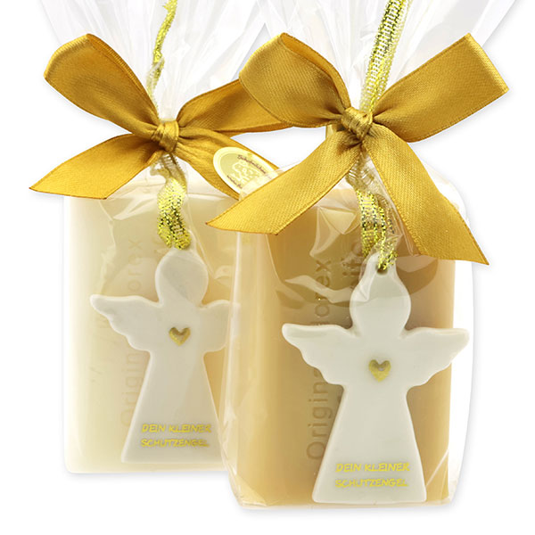 Schafmilchseife eckig 100g dekoriert mit Schutzengel mit Herz in Cello, Classic/Zirbe 