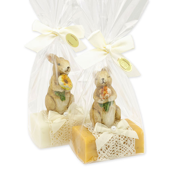 Sheep milk soap 100g decorated with a rabbit in a cellophane, Classic/Marigold 