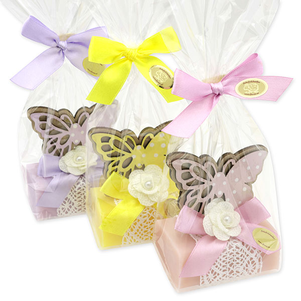 Sheep milk soap 100g decorated with a butterfly in a cellophane, Lilac/Chamomile/Magnolia 