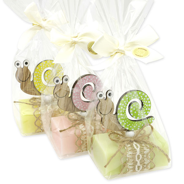 Sheep milk soap 100g decorated with a snail in a cellophane, Cowslip/Jasmine/Meadow flower 